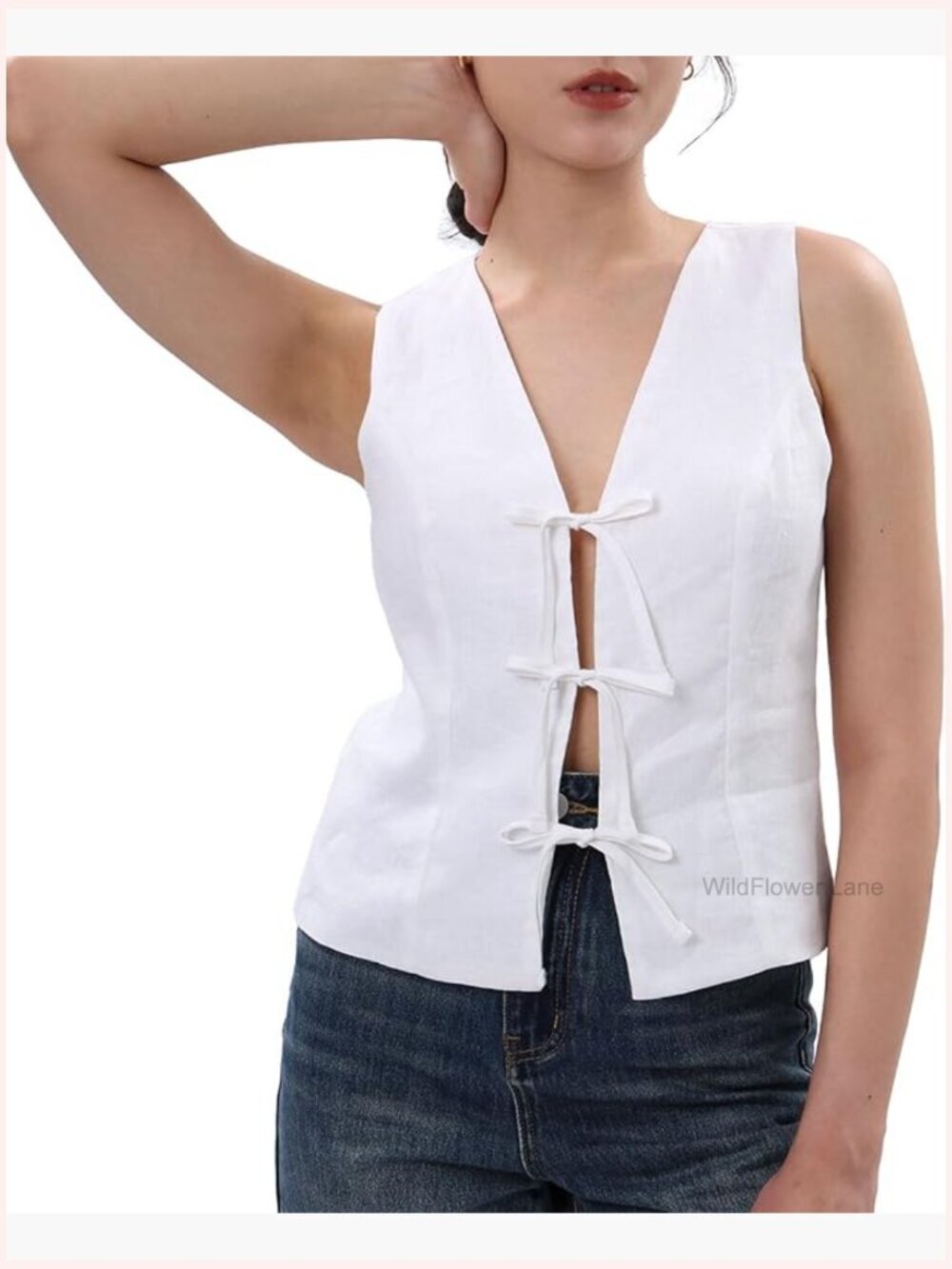 100% Linen Sleeveless Tie Front Crop Top Summer Vest V-Neck